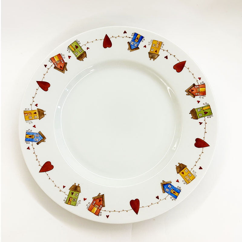 Prato de bolo de porcelana pintado a mão casinhas 