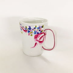 Caneca de cerâmica mini florzinhas laço rosa