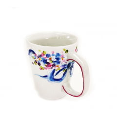 Caneca de cerâmica mini florzinhas laço azul 